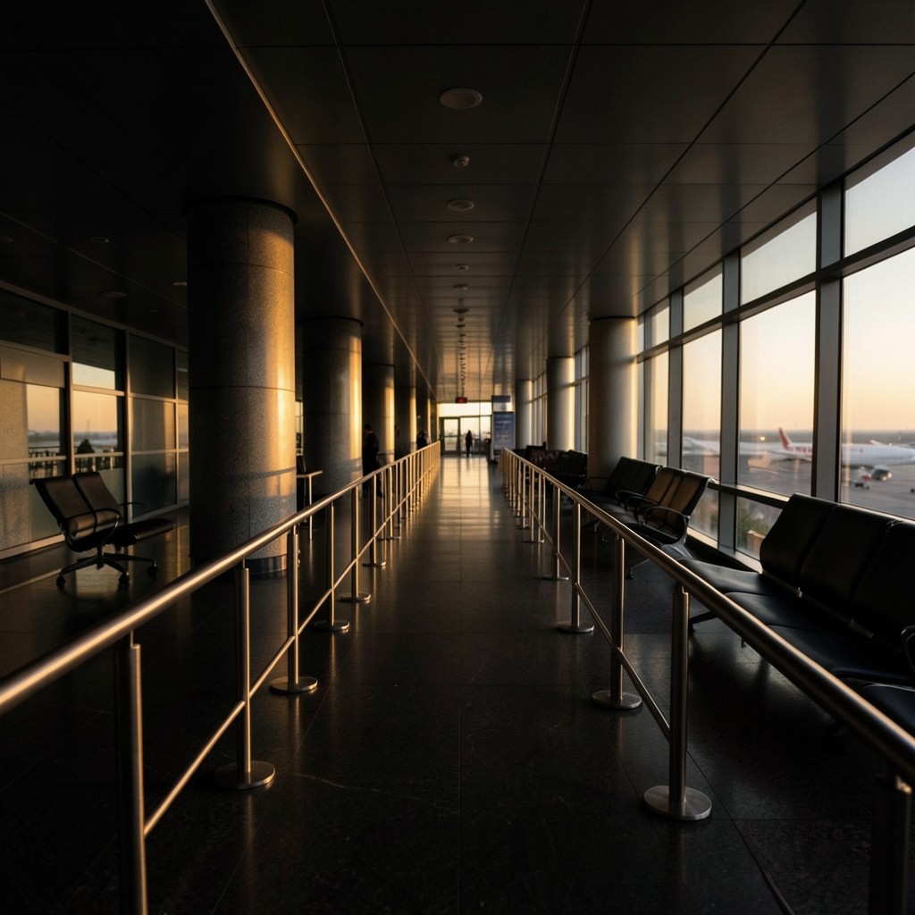 Quiet airport terminal interior with long perspective and warm evening light