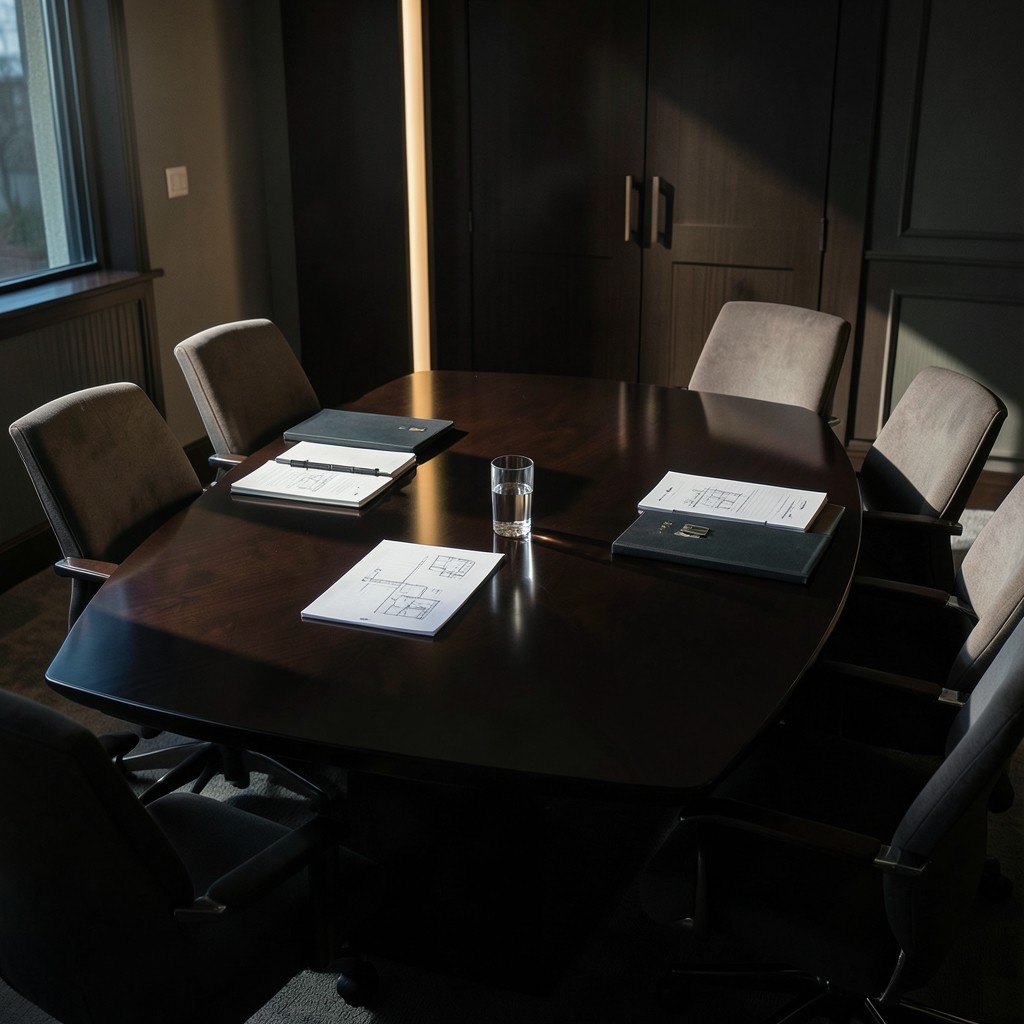 Conference table with printed terminal plans and notes prepared for a briefing