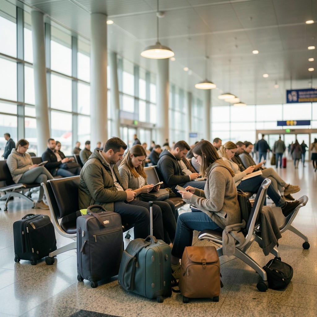 Passengers seated near departure gates with luggage in a bright terminal hall
