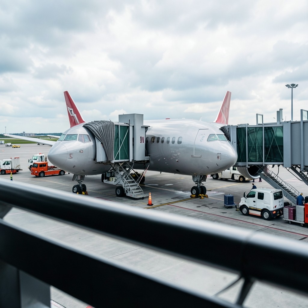 Aircraft parked at a jet bridge during daytime turnaround operations
