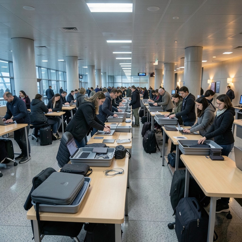 Airport security screening lanes with trays and passengers preparing belongings