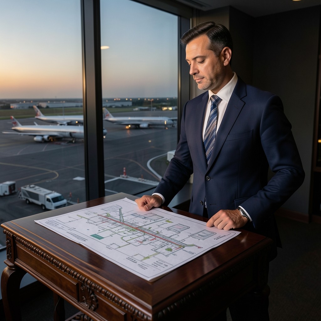 Planner reviewing terminal layout prints beside a large window overlooking an apron