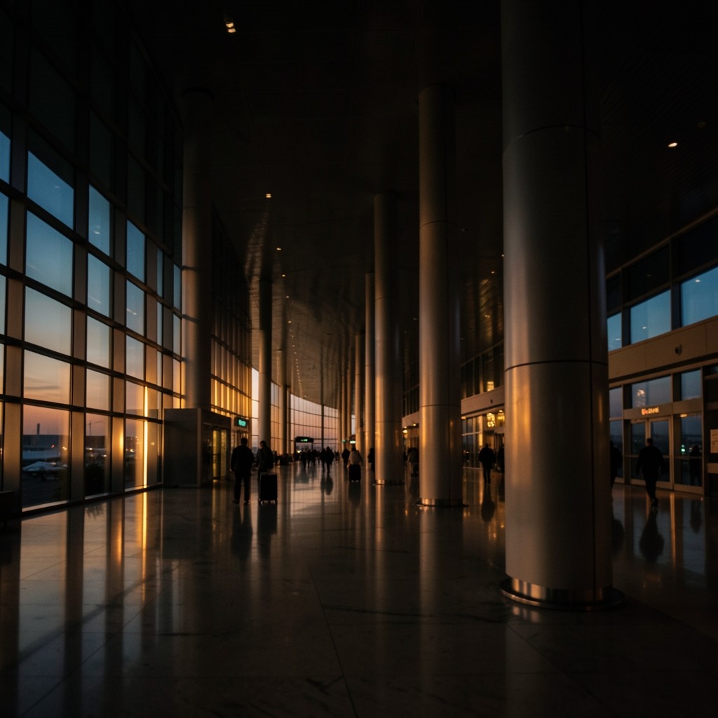 Wide view of an airport terminal concourse at dusk with soft cinematic lighting