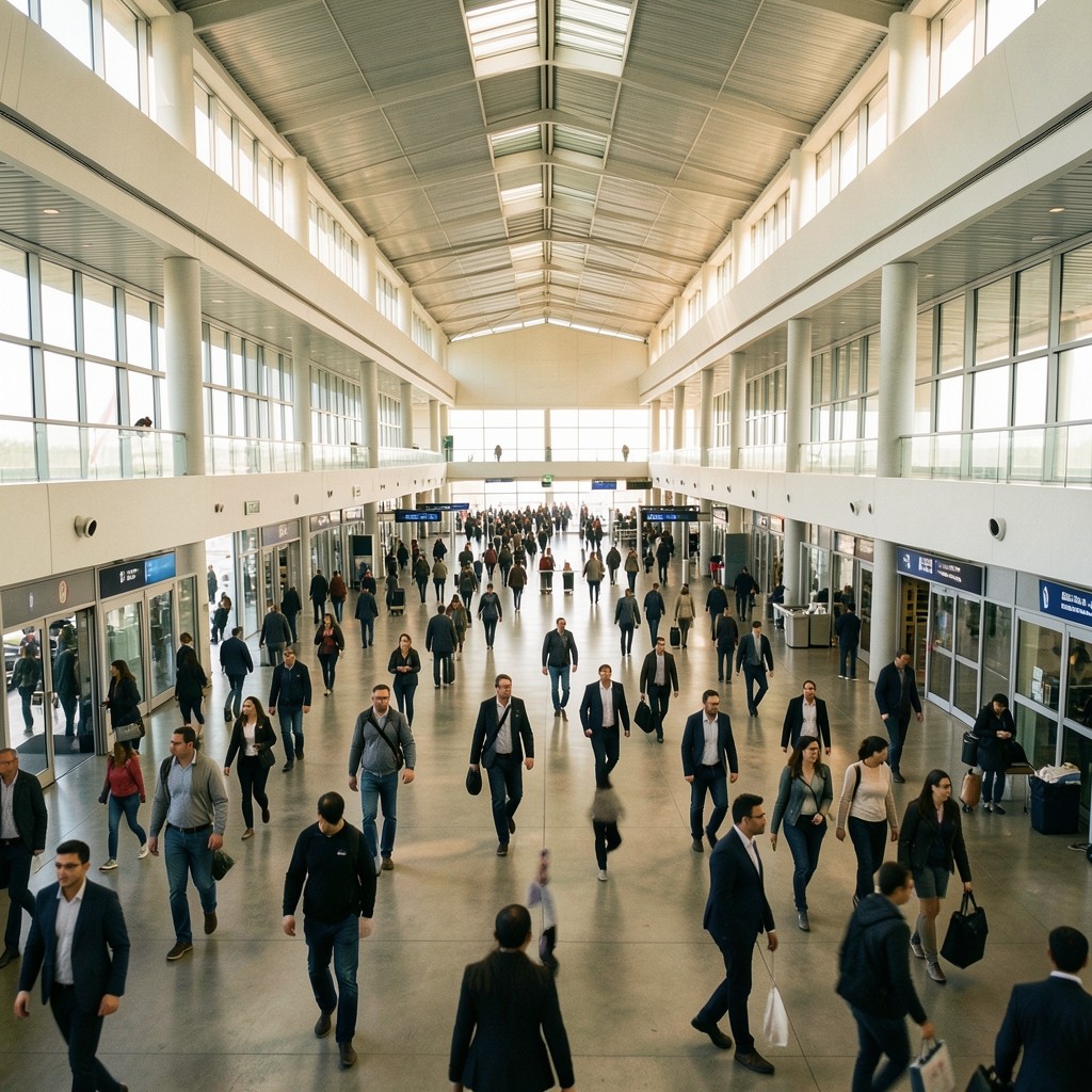 Airport terminal concourse with travelers moving between gates during daytime operations