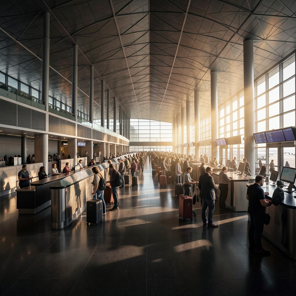 Airport check-in hall with queues and counters under high ceiling lighting