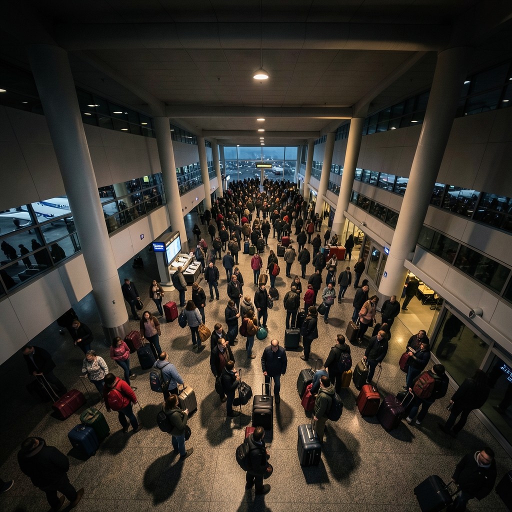 Busy airport departure hall during a holiday travel peak