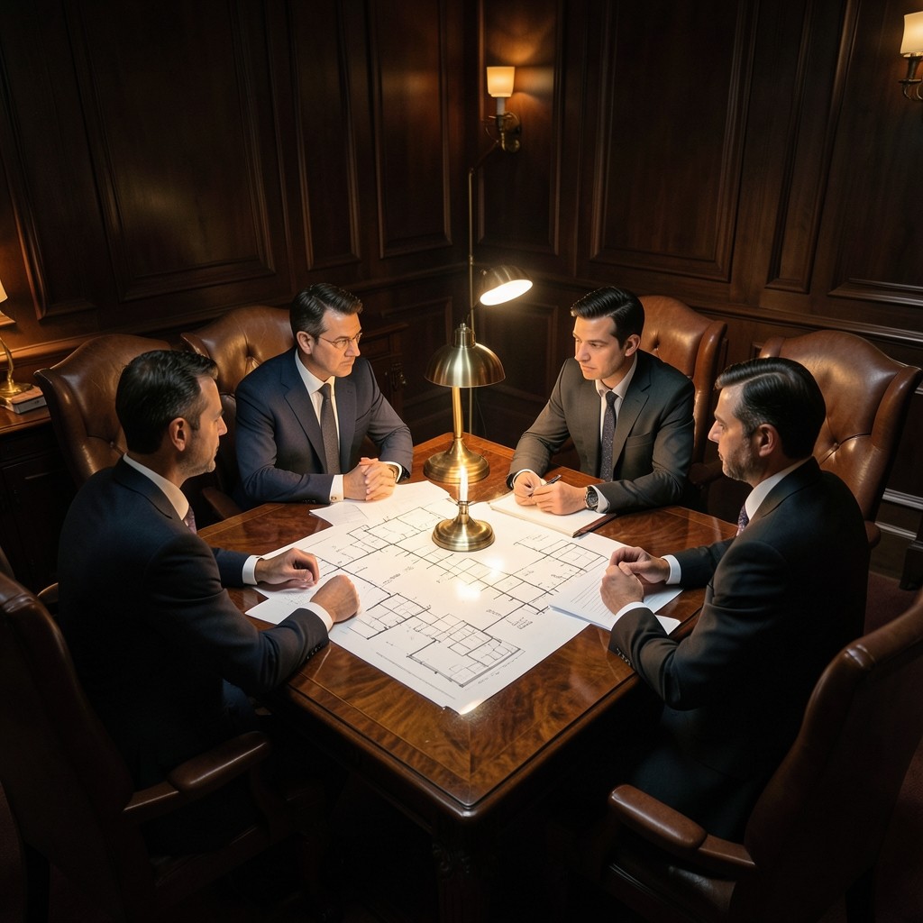 Planning team gathered around large terminal layout drawings on a table